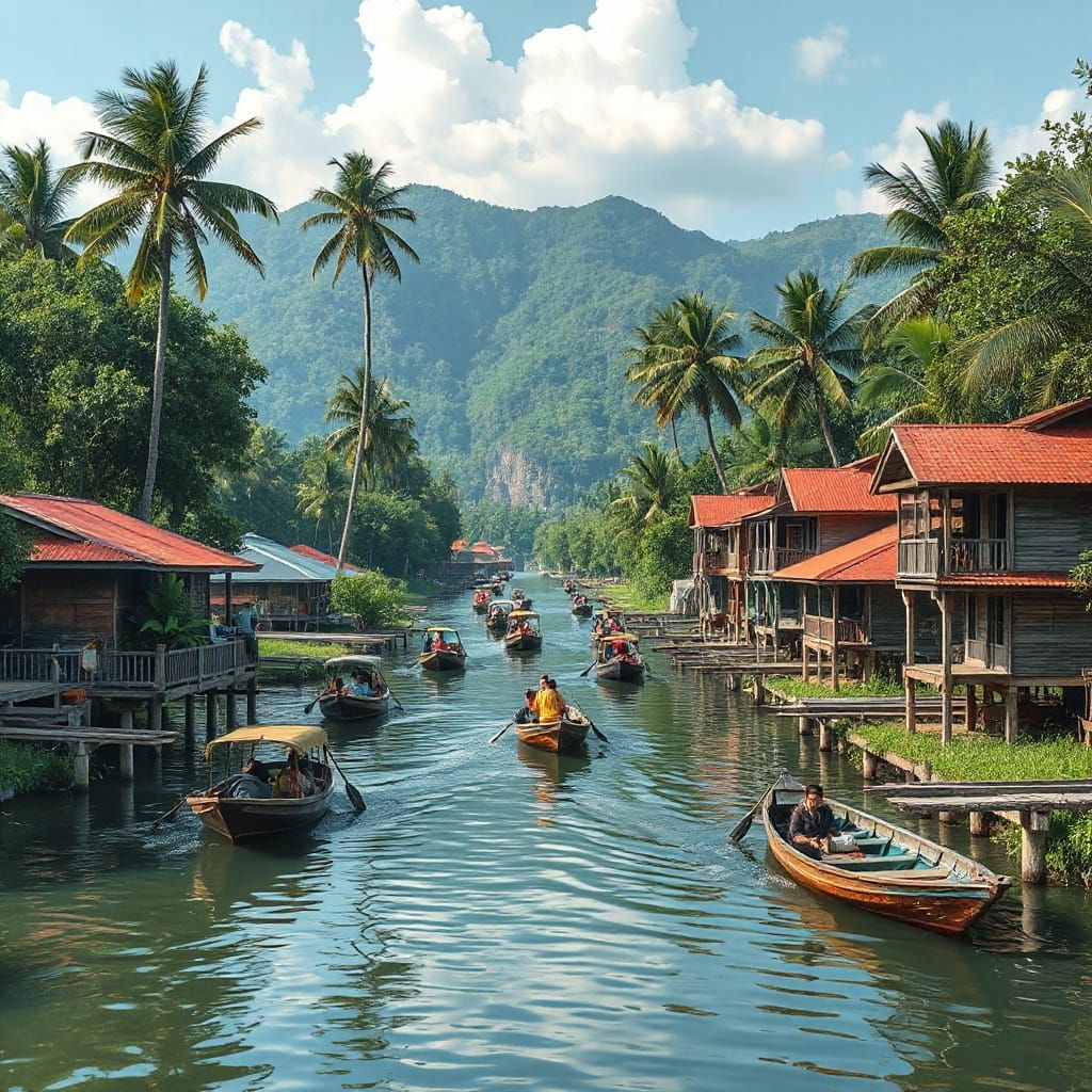 Vibrant Tropical Riverside Village in Splash Art Style