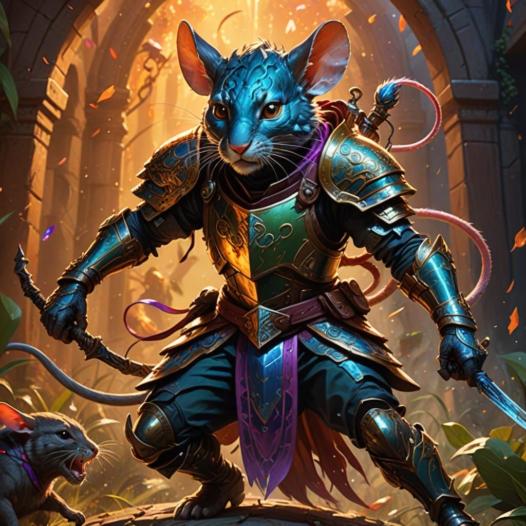 Dramatic Fey Warrior Rides into Battle on a Majestic Mouse