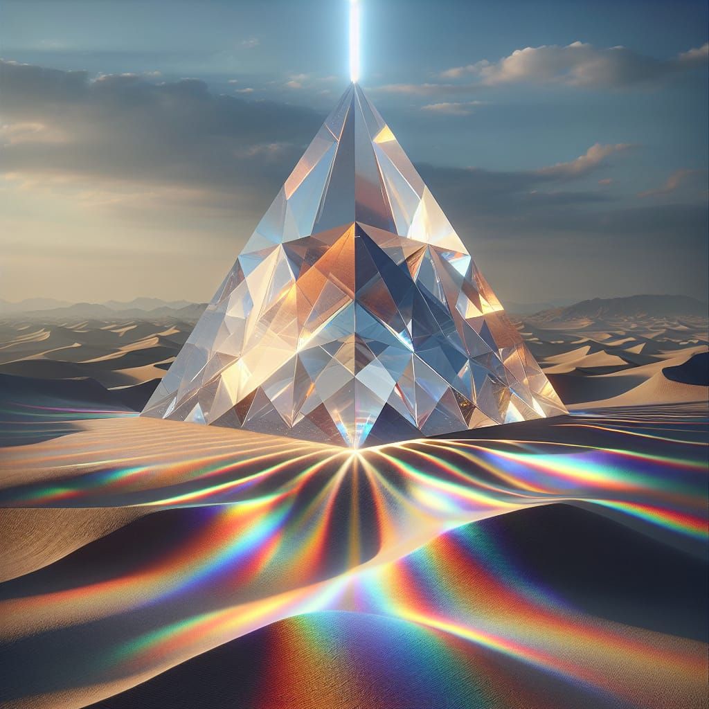 Refracted Light Through Crystal Pyramid in Desert