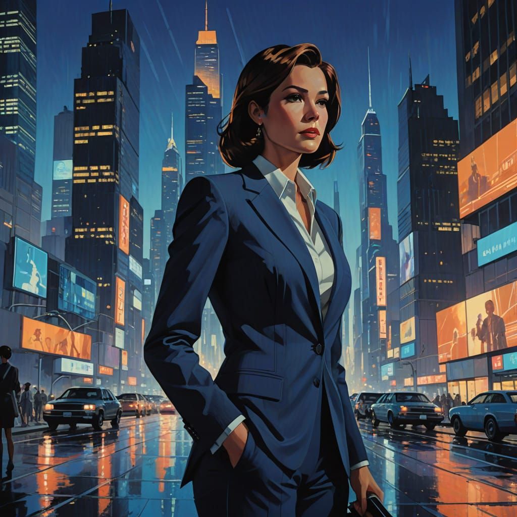 Future-Forward Newscaster in Cityscape