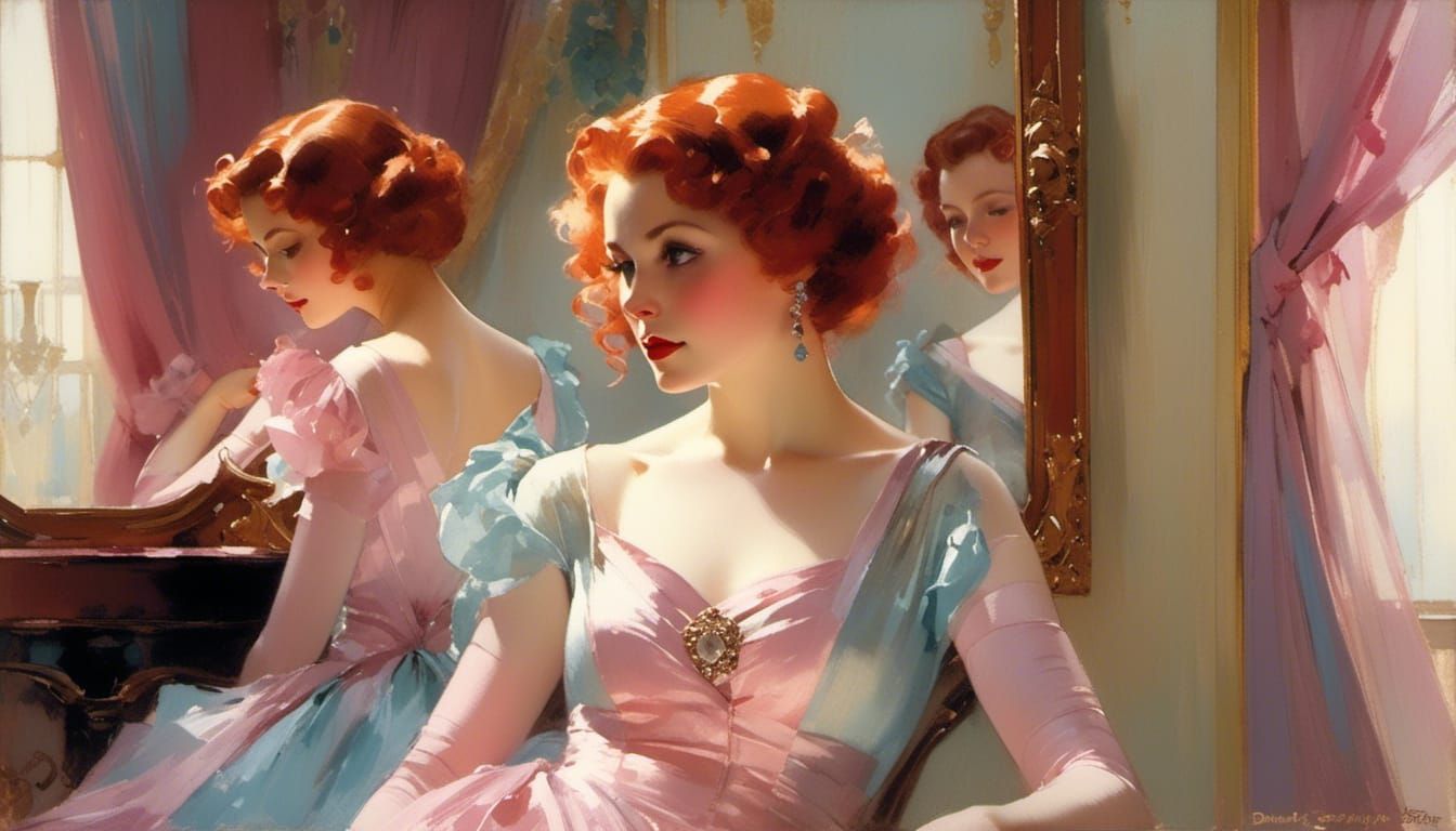 Elegant Redhead in 1930s Gown, Dreamy Vignette
