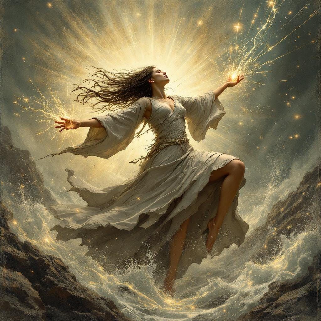 Goddess Commands Tempest in Sepia-Toned Glitch Art