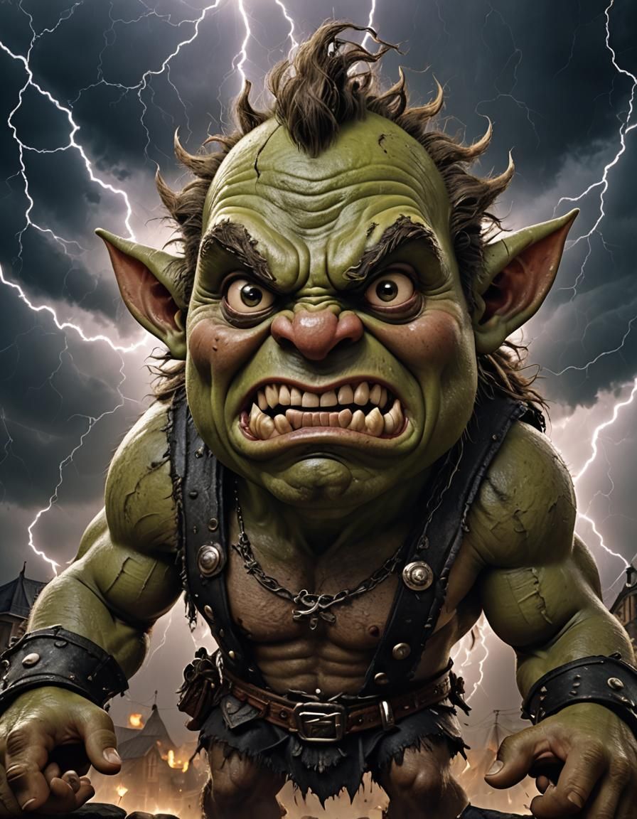 Aggressive Ogre with Stormy Lightning Background