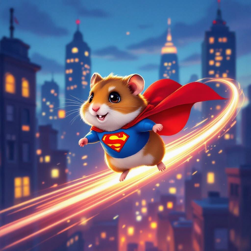 Hamster Superhero Soars Through Stylized Cityscape