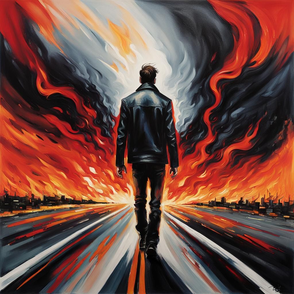 Menacing Figure on Desolate Highway, Expressionist Art