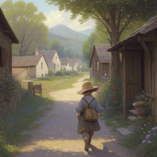 Child in Village Oil Painting by James Gurney Style