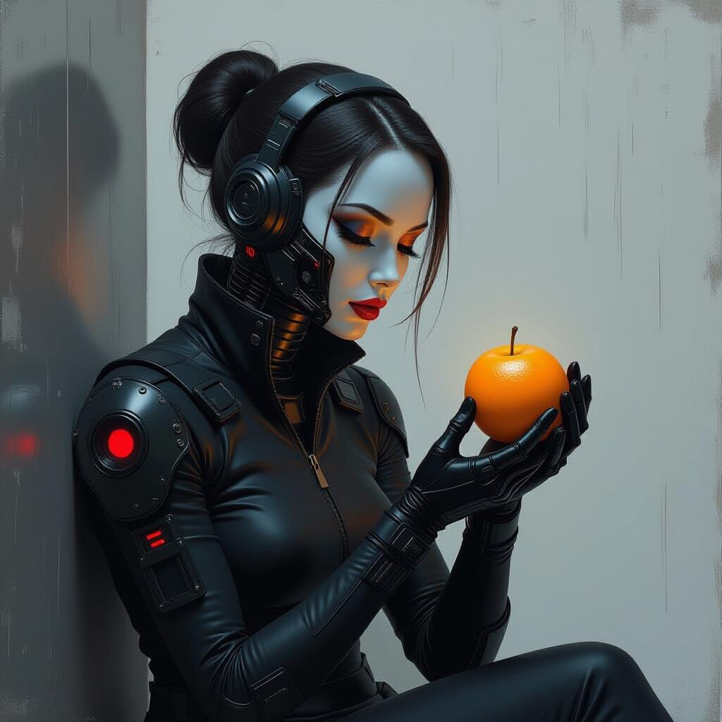 Cybernetic Woman Holds Glowing Fruit in Gritty Punk Style