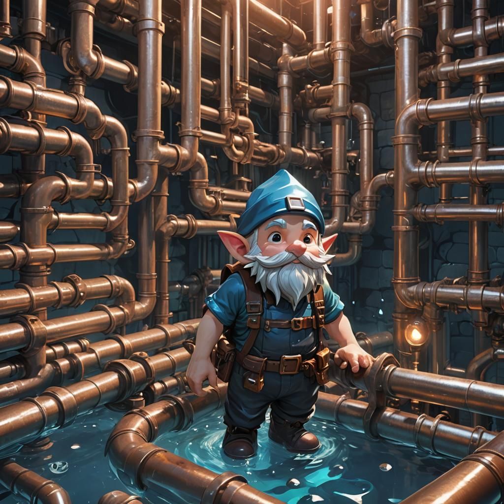 Gnome Plumber Navigates Dungeon Pipes in Anime Art