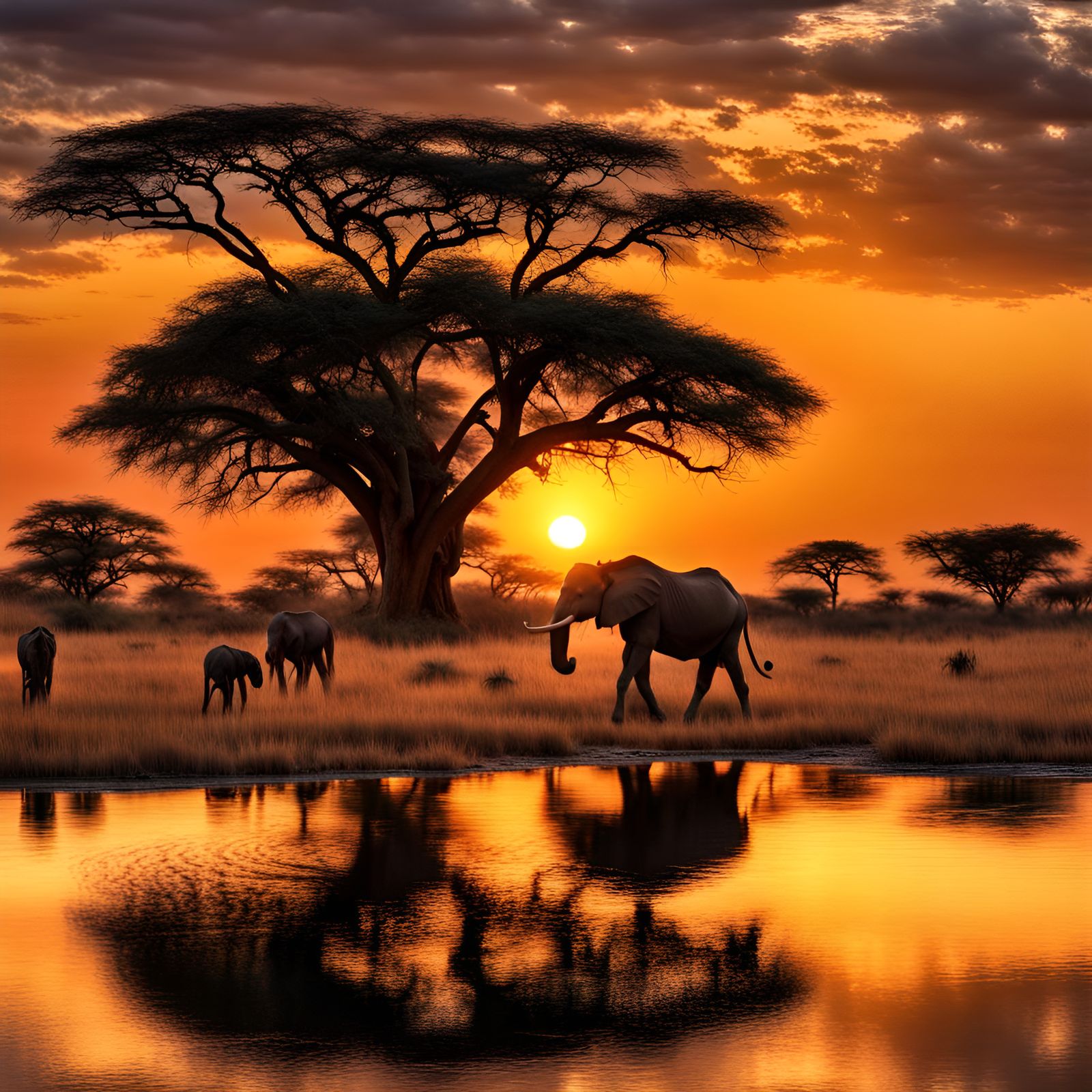 African Savannah Watering Hole at Sunset in HDR