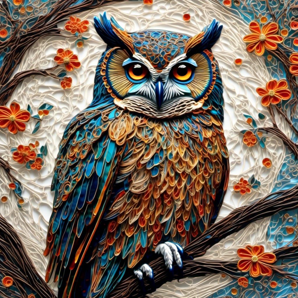 Owl on Blossoms: String Art Composition