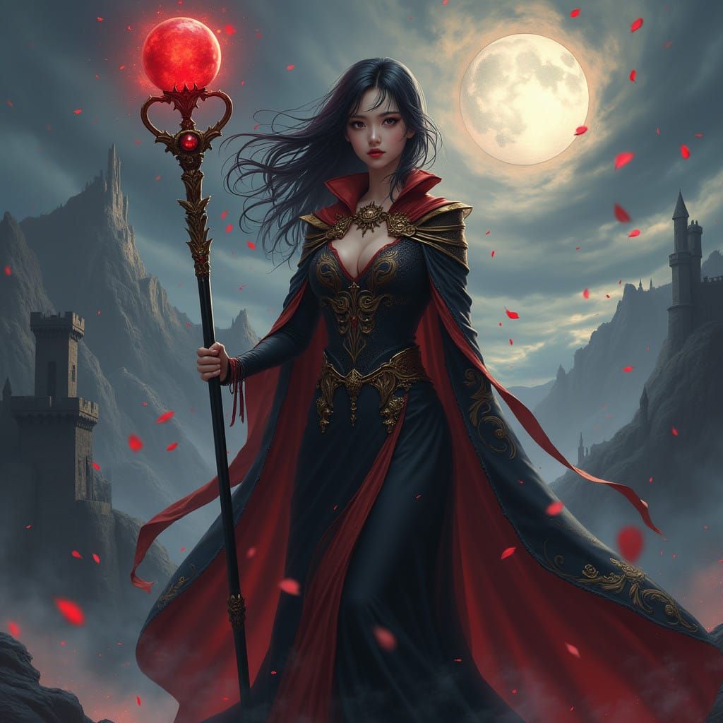 Majestic Anime Goddess with Golden Staff and Dark Magic