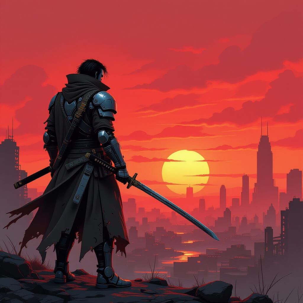 Cyborg Ronin in Dark Cyberpunk Sunset