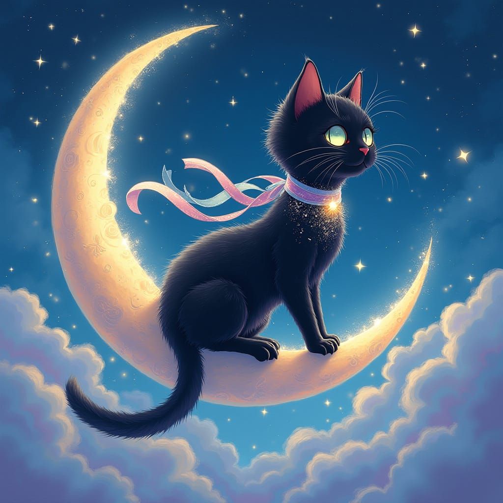 Mystical Black Cat Soars Through Starry Night Sky on Crescen...