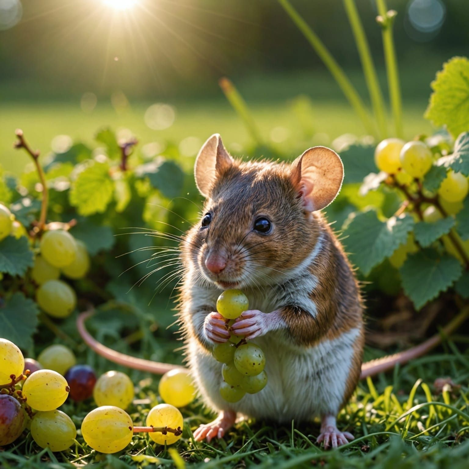 Mouse Enjoying Grapes in Sunny Meadow