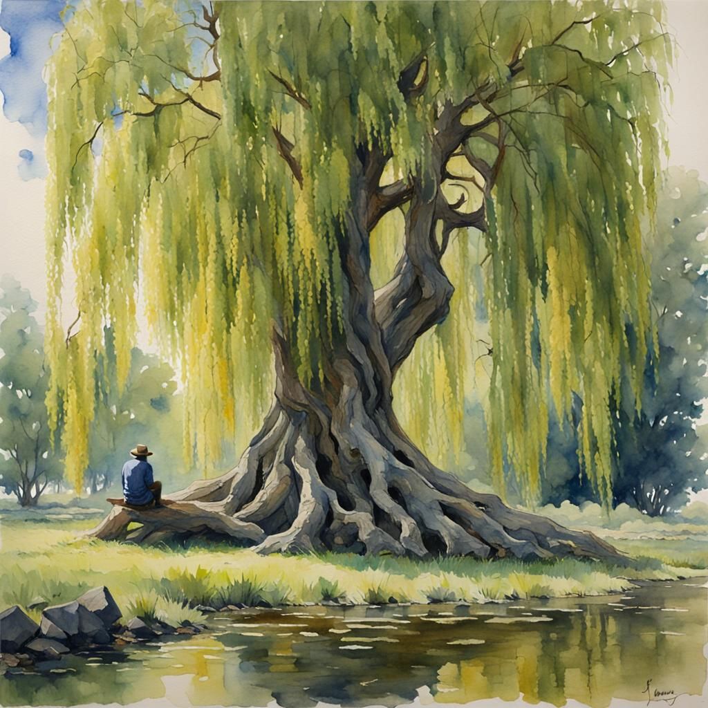 Willow Tree Contemplation in Watercolor Style