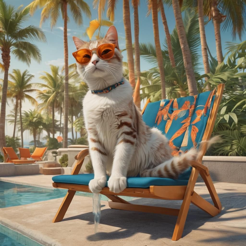 Cat Lounging Poolside in Matte Painting Style