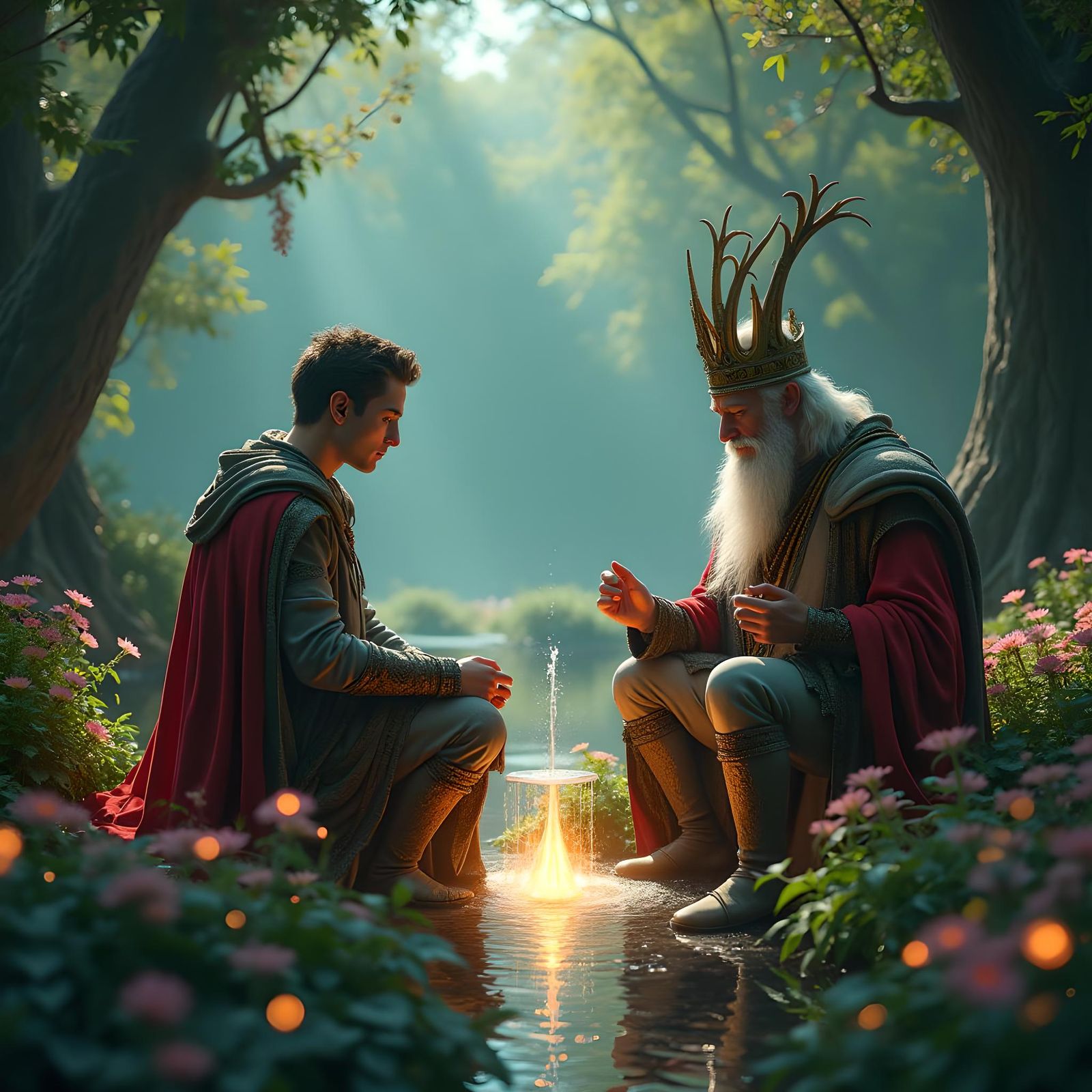 Merlin and Arthur in Garden, Fantasy Art