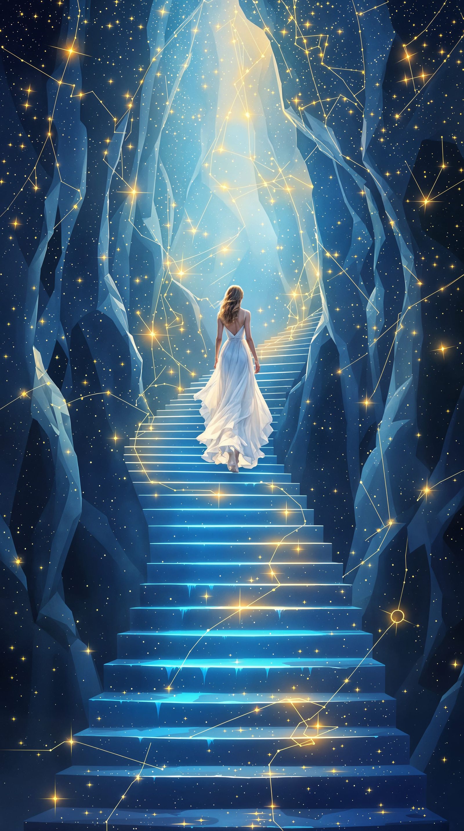 Ethereal Goddess Ascends Celestial Stairway in Cosmic Landsc...