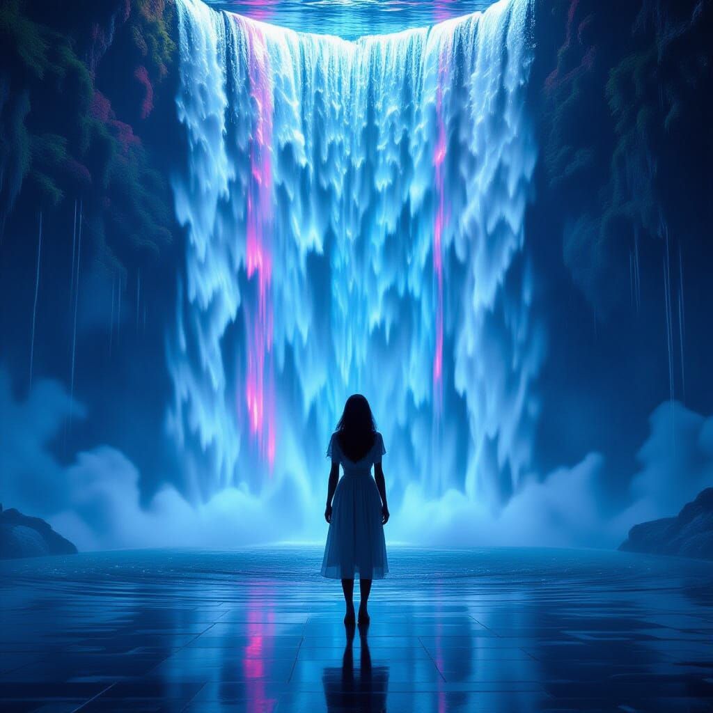Futuristic Waterfall Hologram in a Vibrant Room