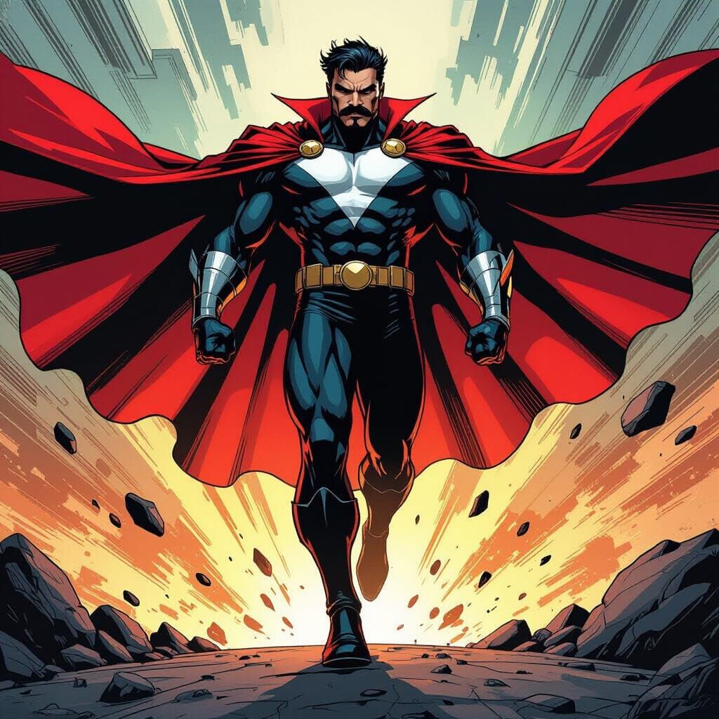 Viltrumite Soldier Hovers with Mustache and Cape