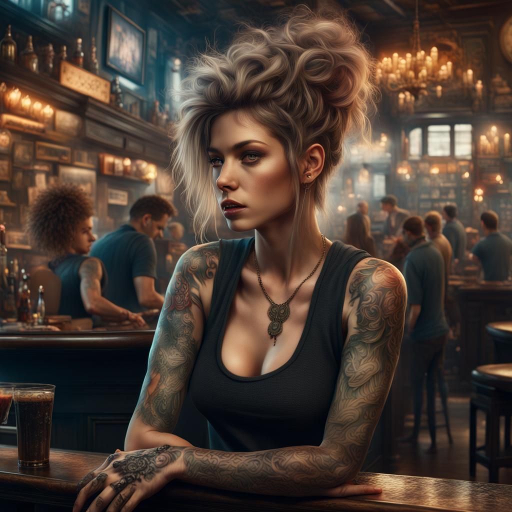 Beautiful Woman in Crowded Bar: Digital Matte Painting