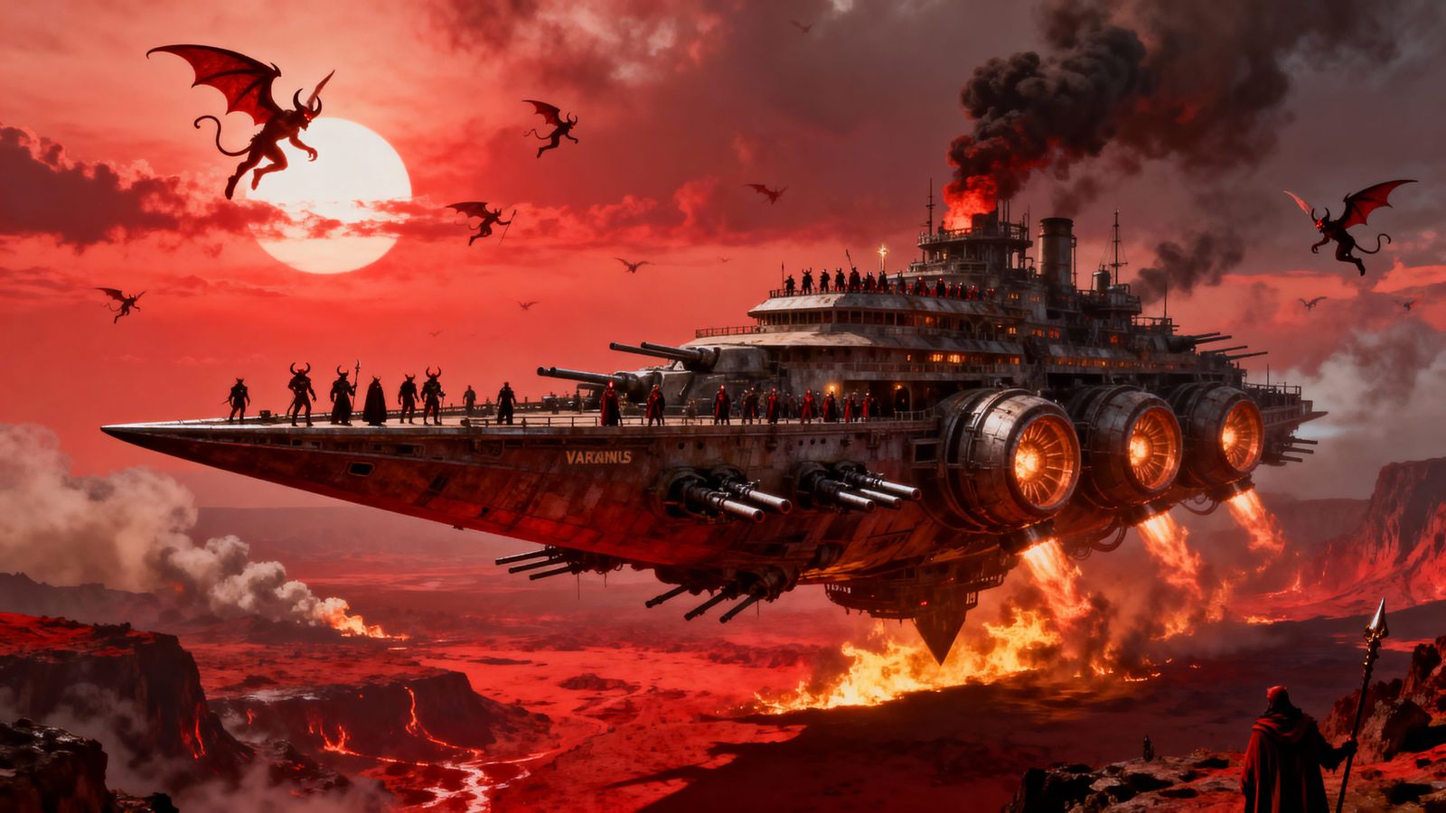 Dieselpunk Flying Fortress as Giant Wedge Blade Over Wastela...