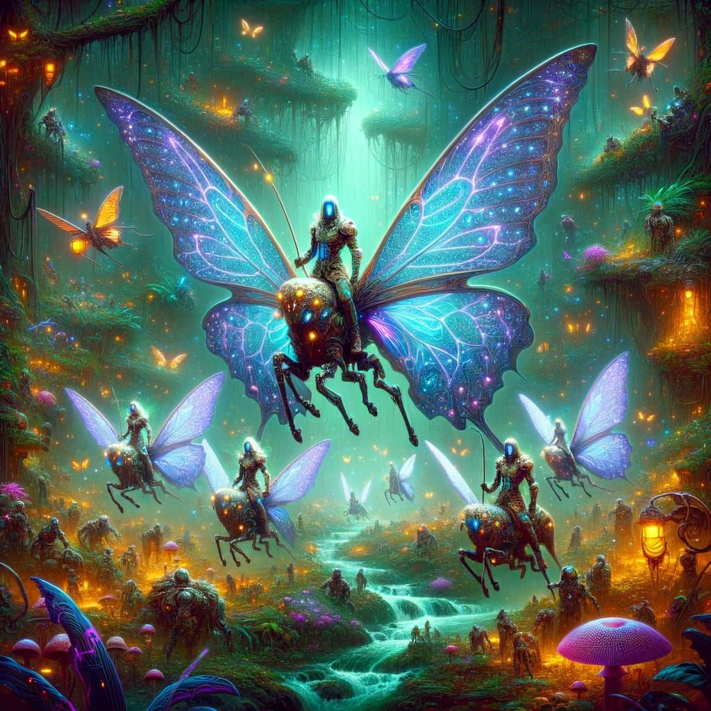 Elven Rangers Ride Glowing Butterflies in Art Nouveau Style