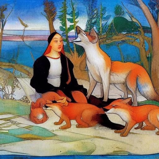 Foxes with Matches by the Sea, Classic Illustration