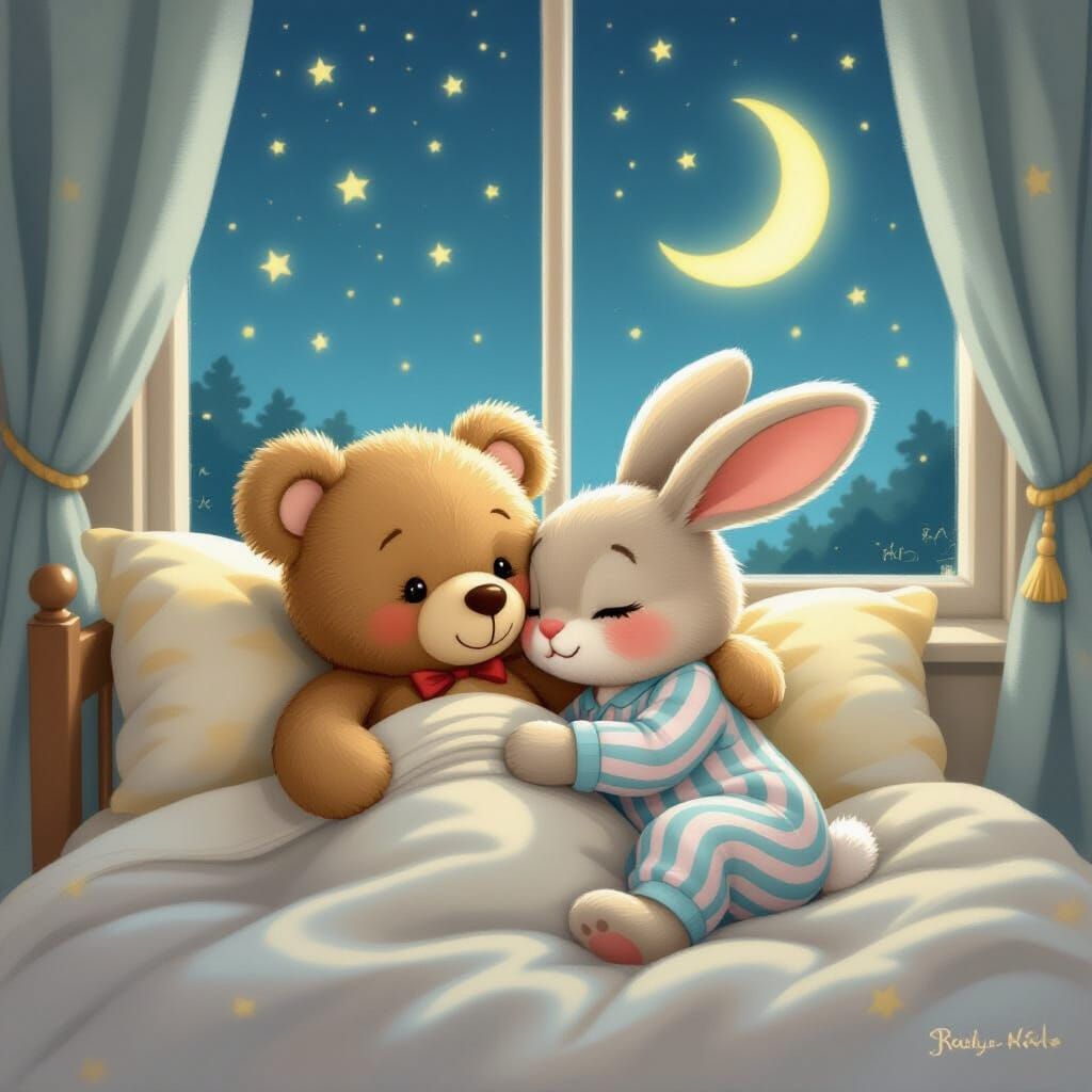 Cute Teddy Bear and Rabbit Snuggle in Cozy Bed