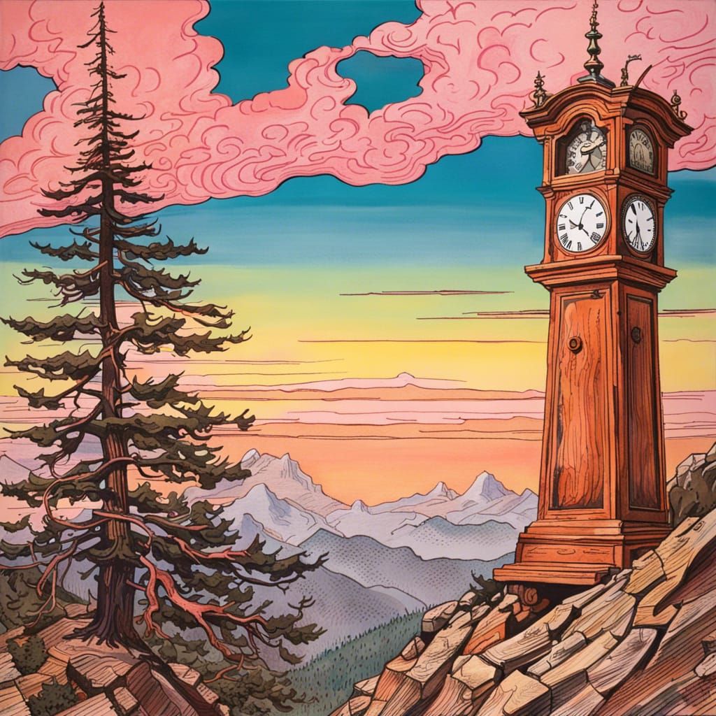 Comical Clock Tower Peak in Cartoon Sketch Style