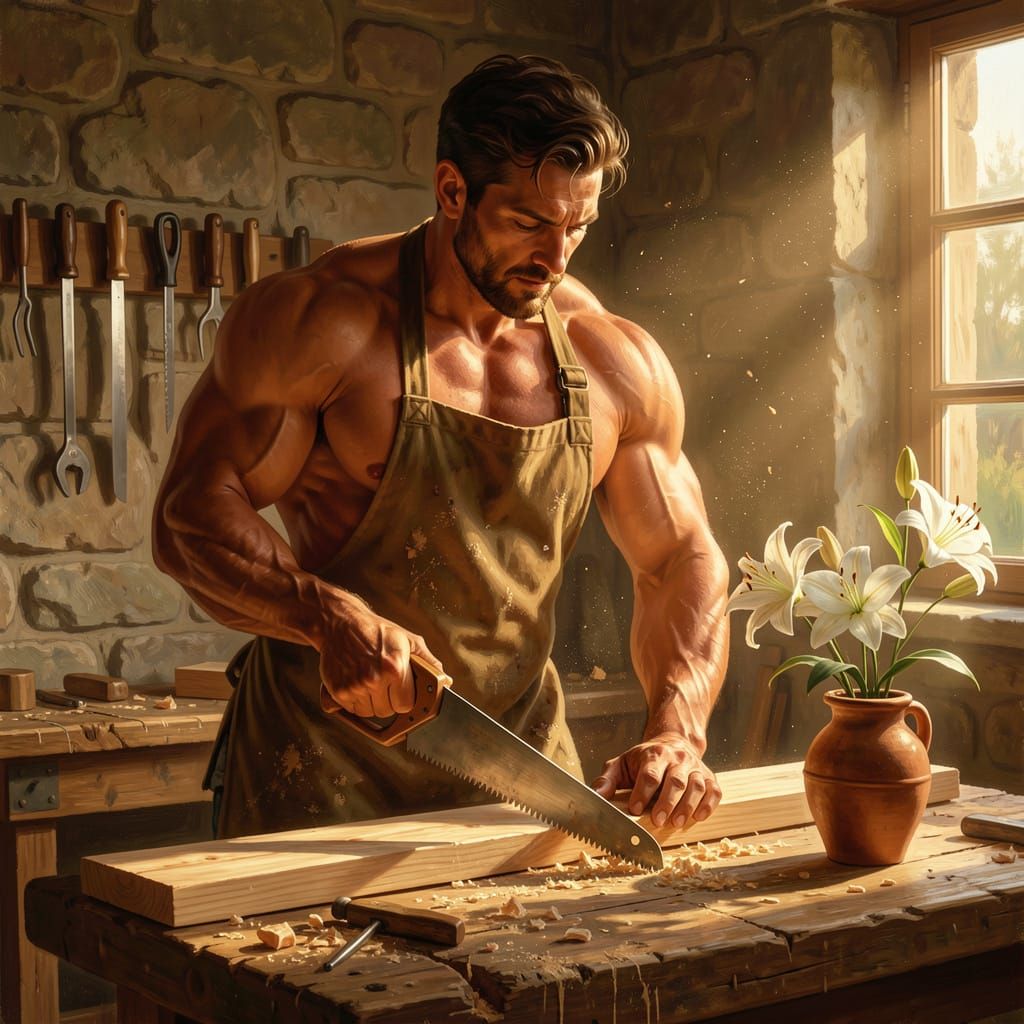 Muscular Woodworker in Rustic Workshop, Golden Hour Light
