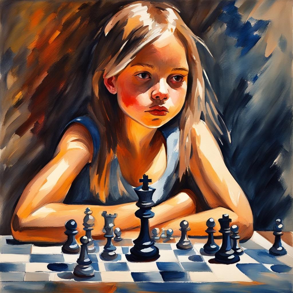 Girl Playing Chess in Gouache Style