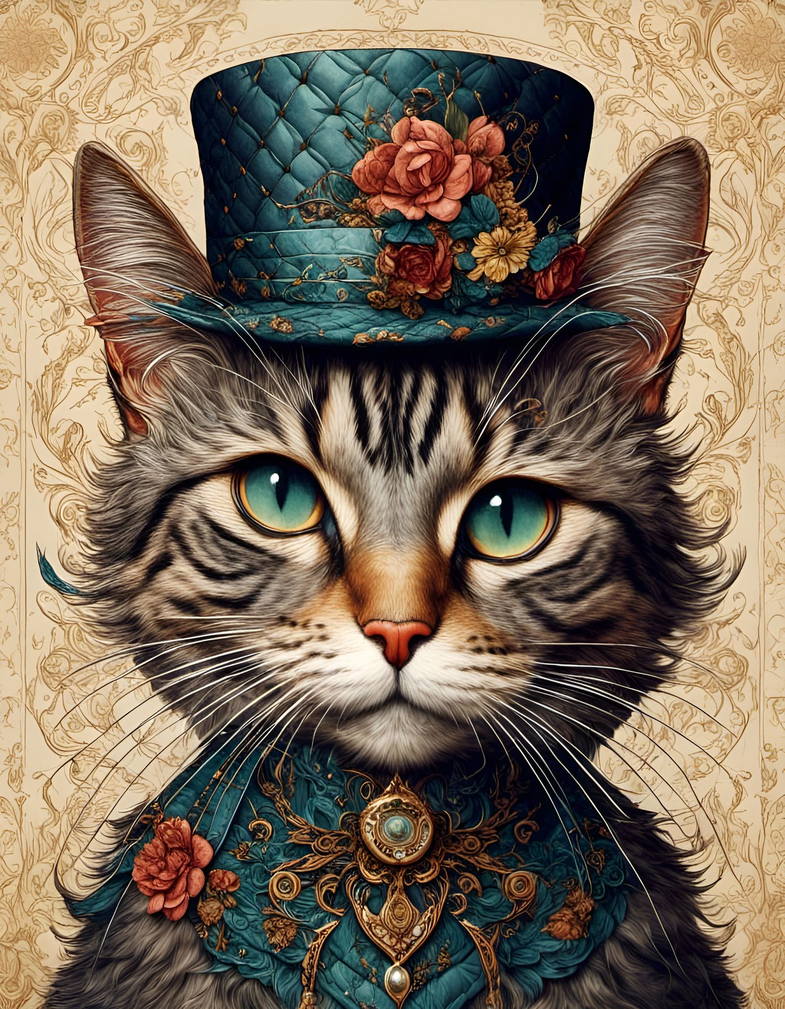 Quilted Cat Portrait with Fancy Hat