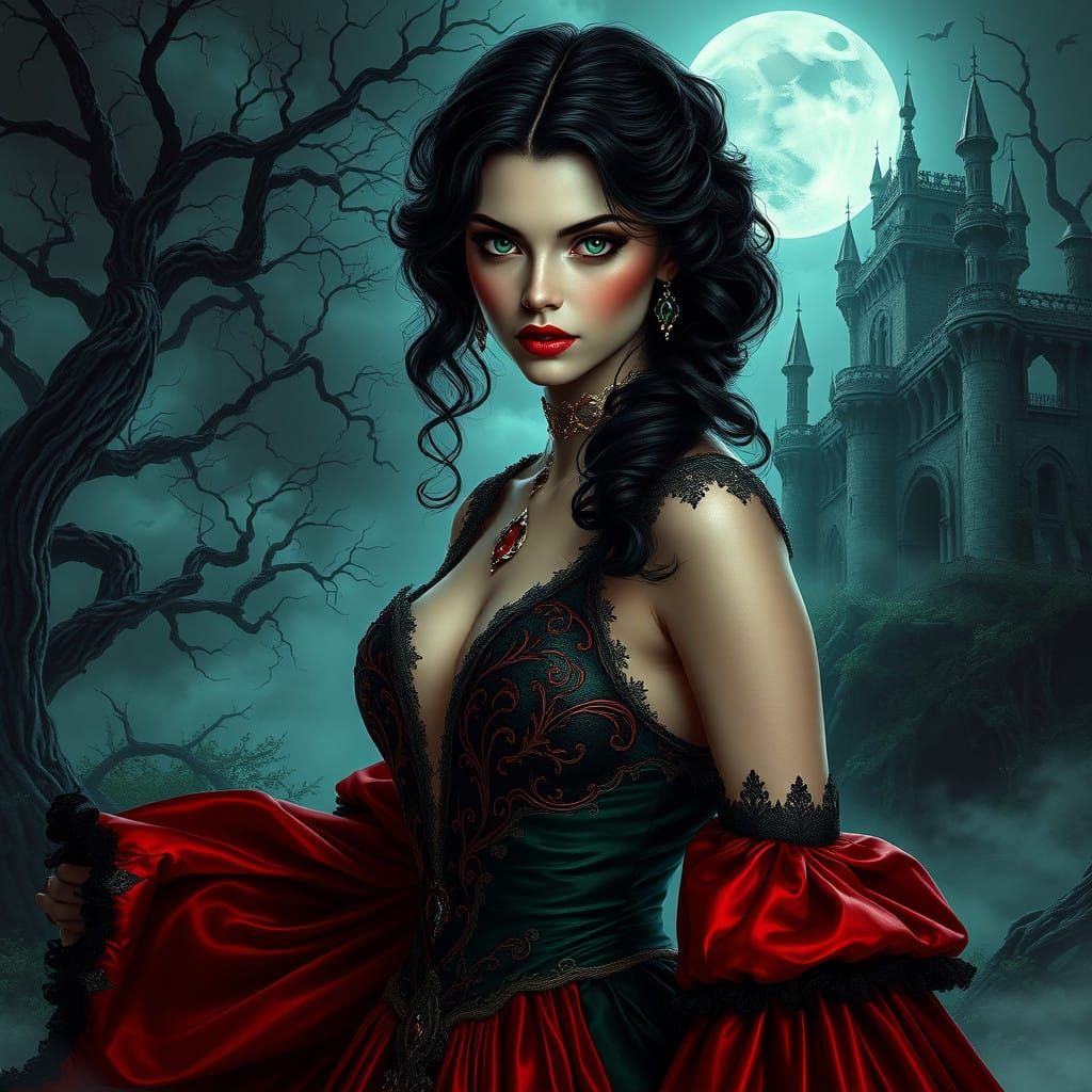 Dark Fantasy Vampire in Victorian-Era Gown, Set Against Ruin...