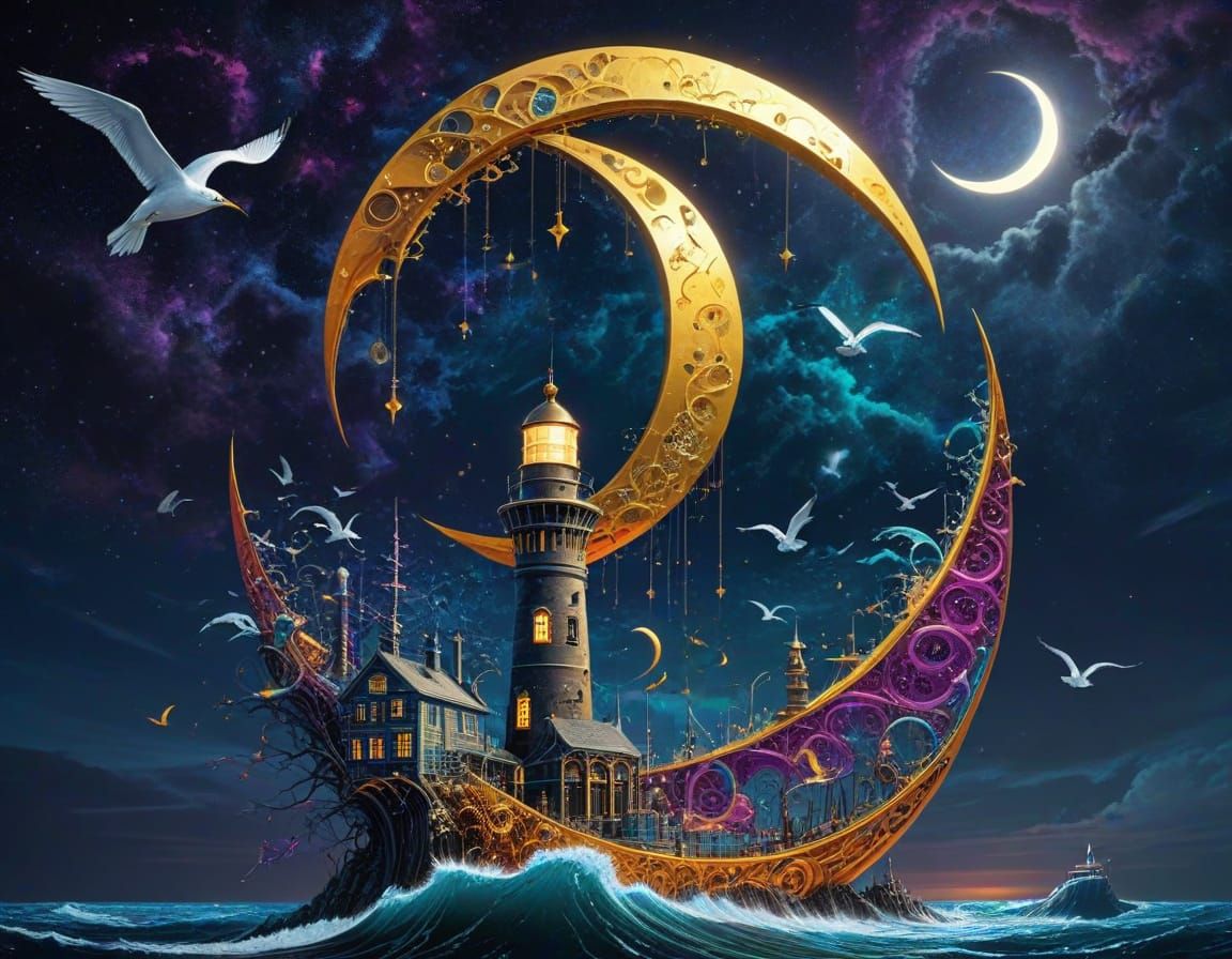 Surreal Steampunk Crescent Moon in Whimsical Synthwave Light...