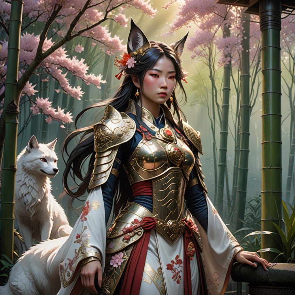 Spectral Kitsune Warrior Maiden in Ethereal Armor