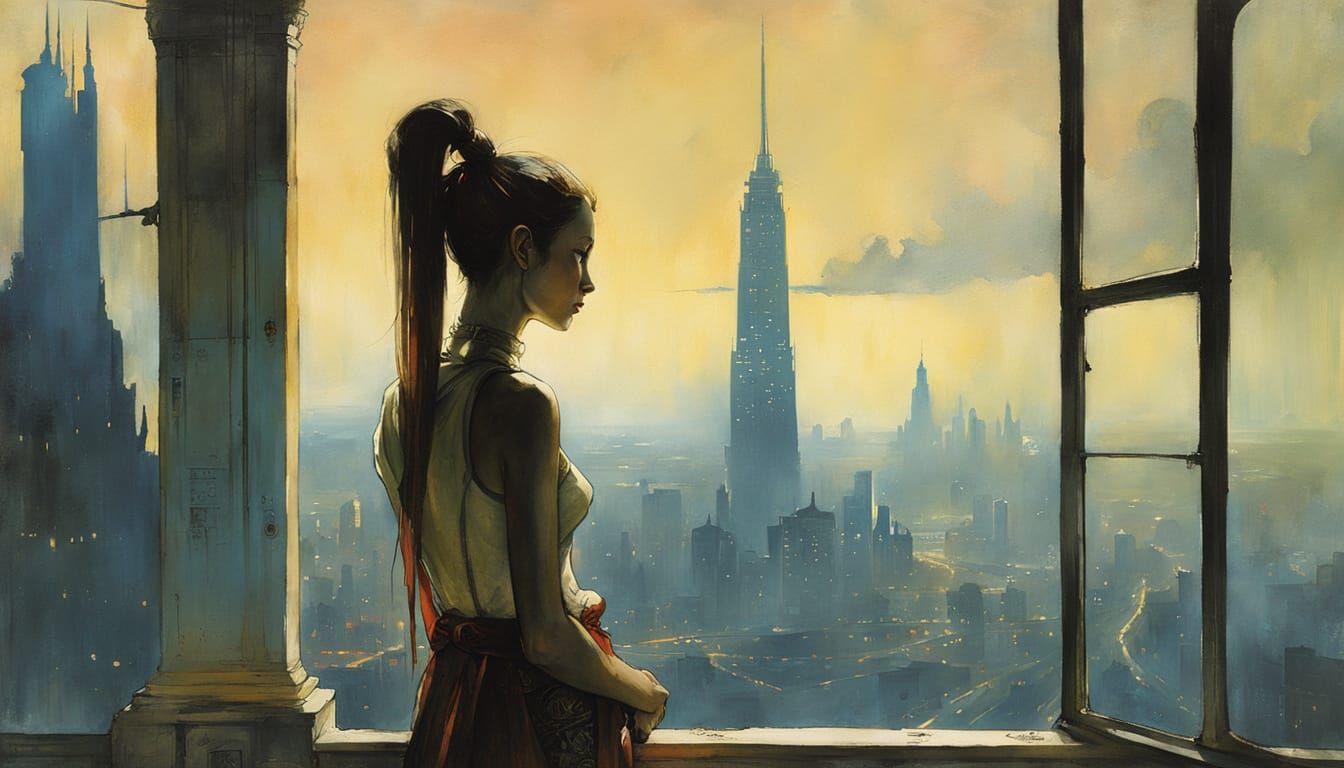 Maiden Gazes at Cityscape in Organic Painting