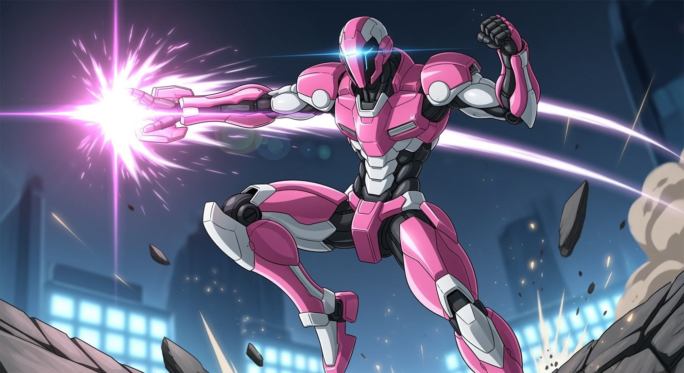 Anime Mech in Pink Armor Power Jumping with Energy Blast
