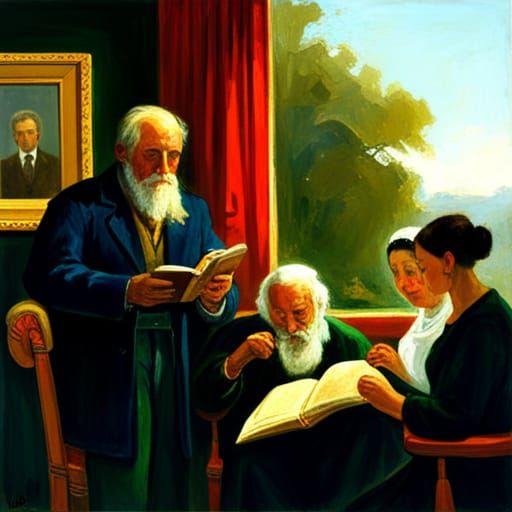 Old Man Reads to an Audience, Oil Painting