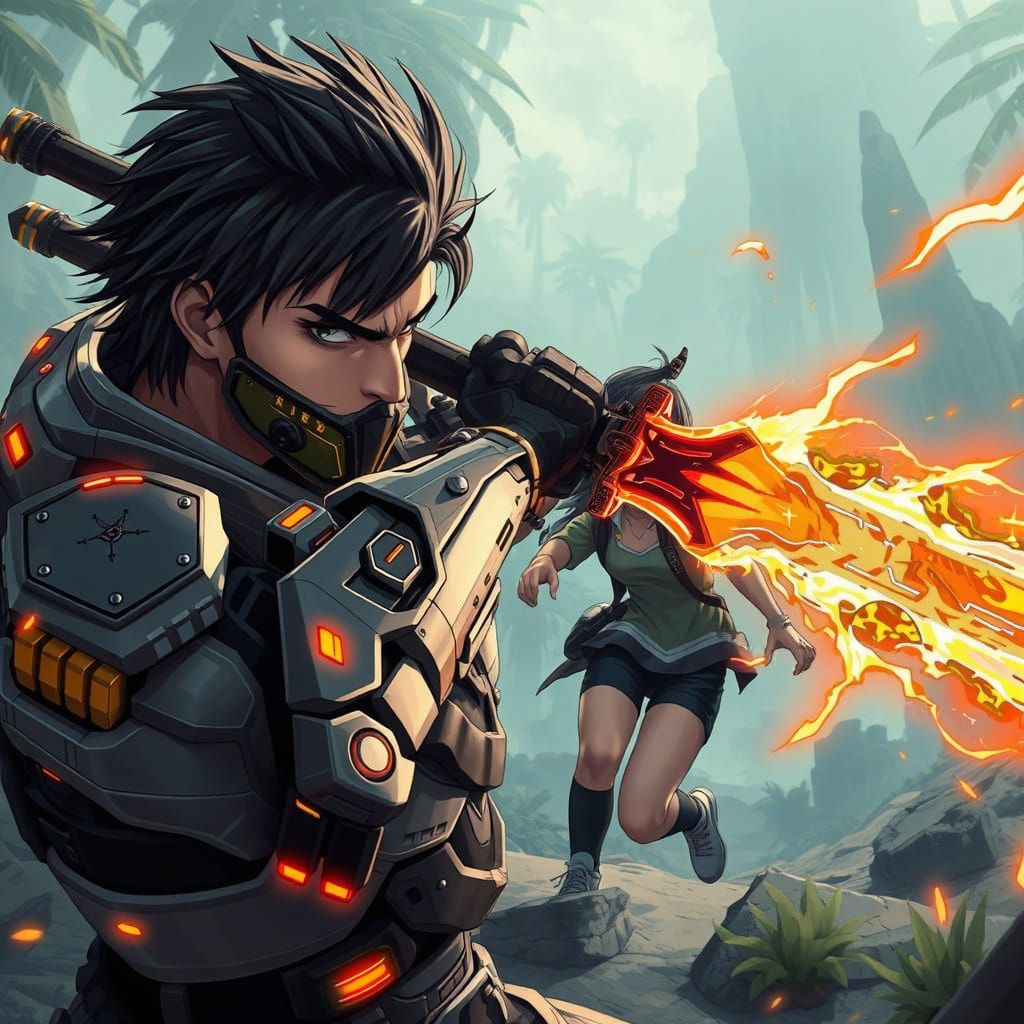 Alien Jungle Confrontation in Anime Style