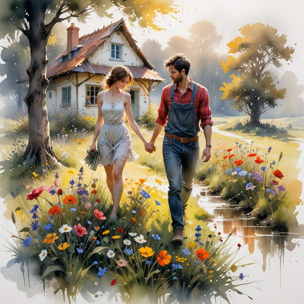 Charming Cottage in Wildflower Meadow: Watercolour