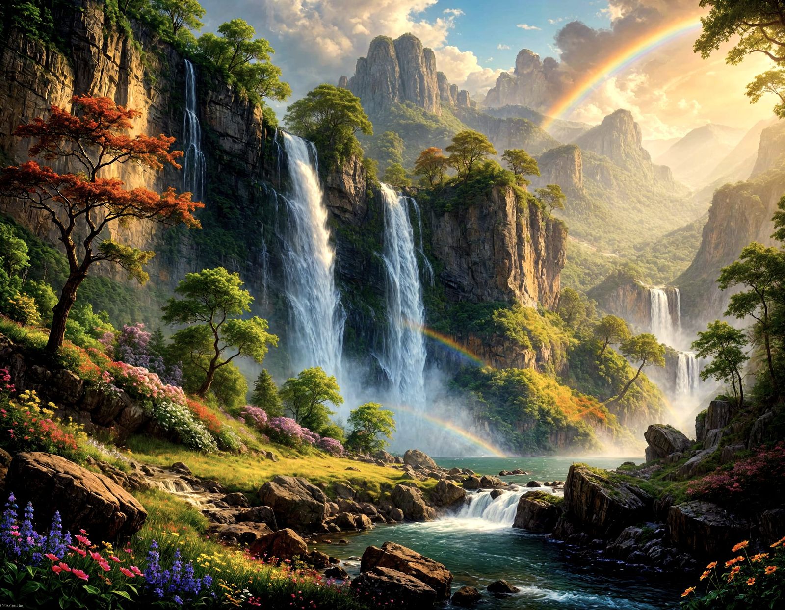 Majestic Waterfall Landscape in Classical Painting Style