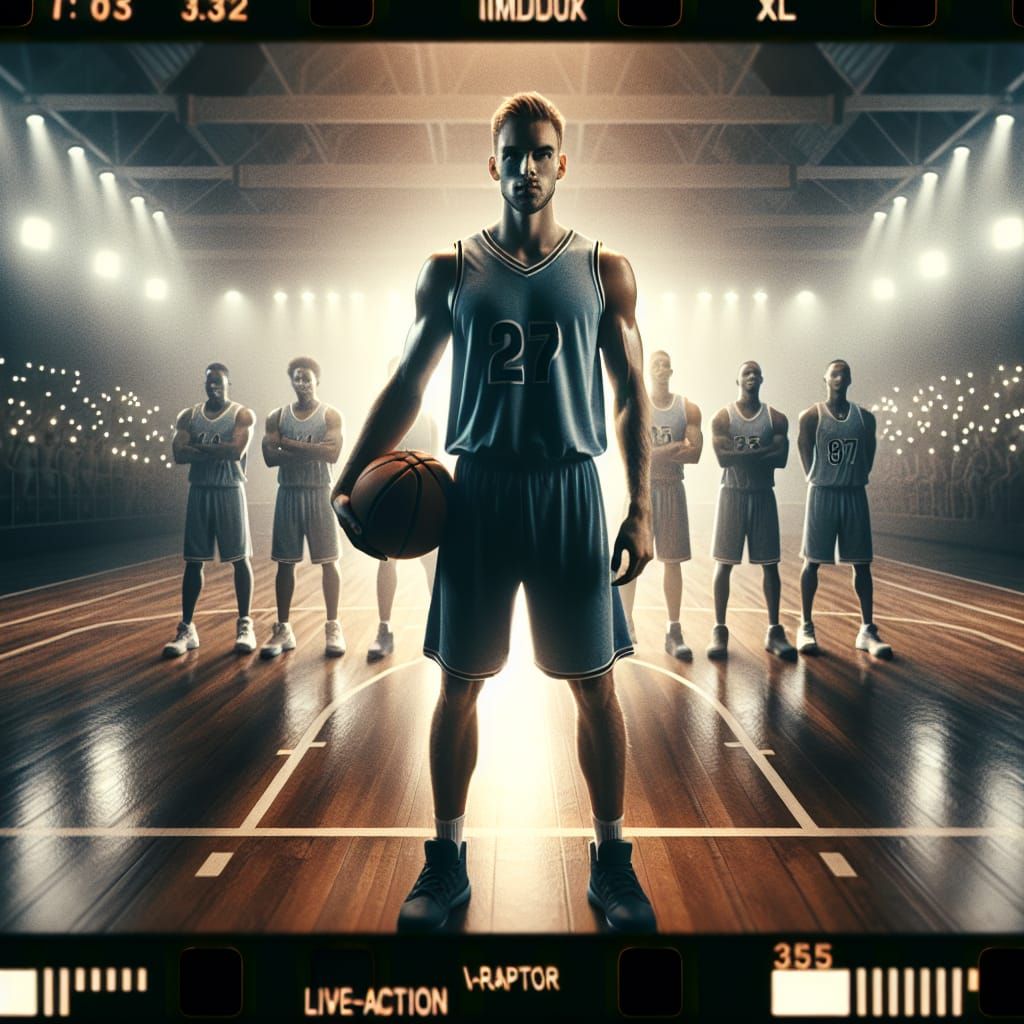 Dramatic Basketball Film Still with Vintage Camera Effects