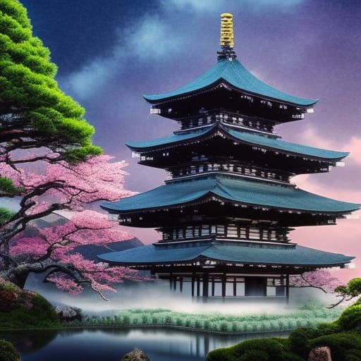 Gemstone Trees Surround Floating Japanese Temple