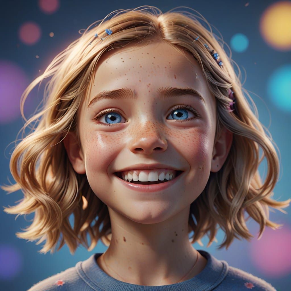 Pixar-Inspired Girl with Vibrant Smile and Radial Gradient B...