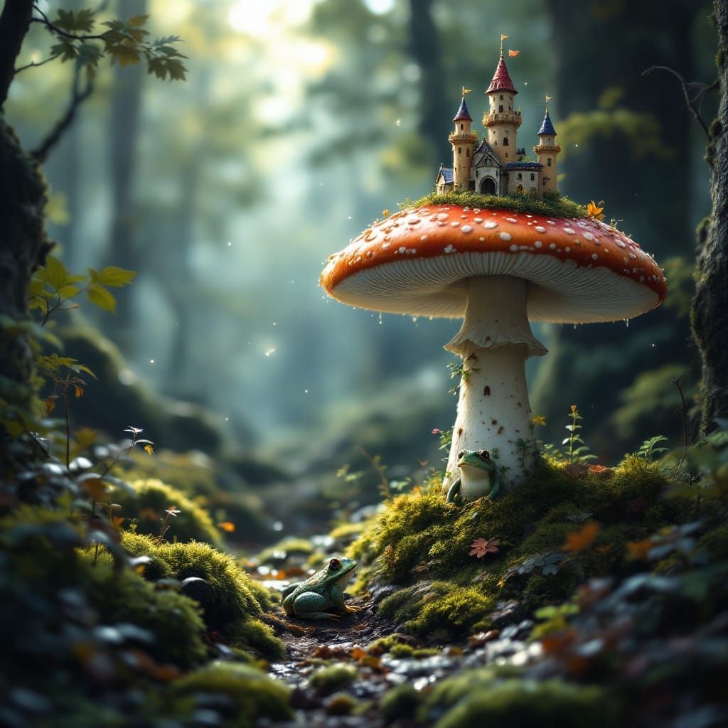 Whimsical Mushroom Castle Amidst Enchanted Forest