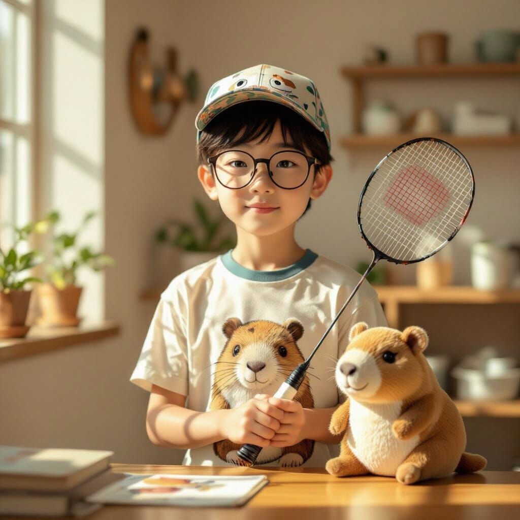 Asian Boy with Badminton Racket and Capybara Plushie