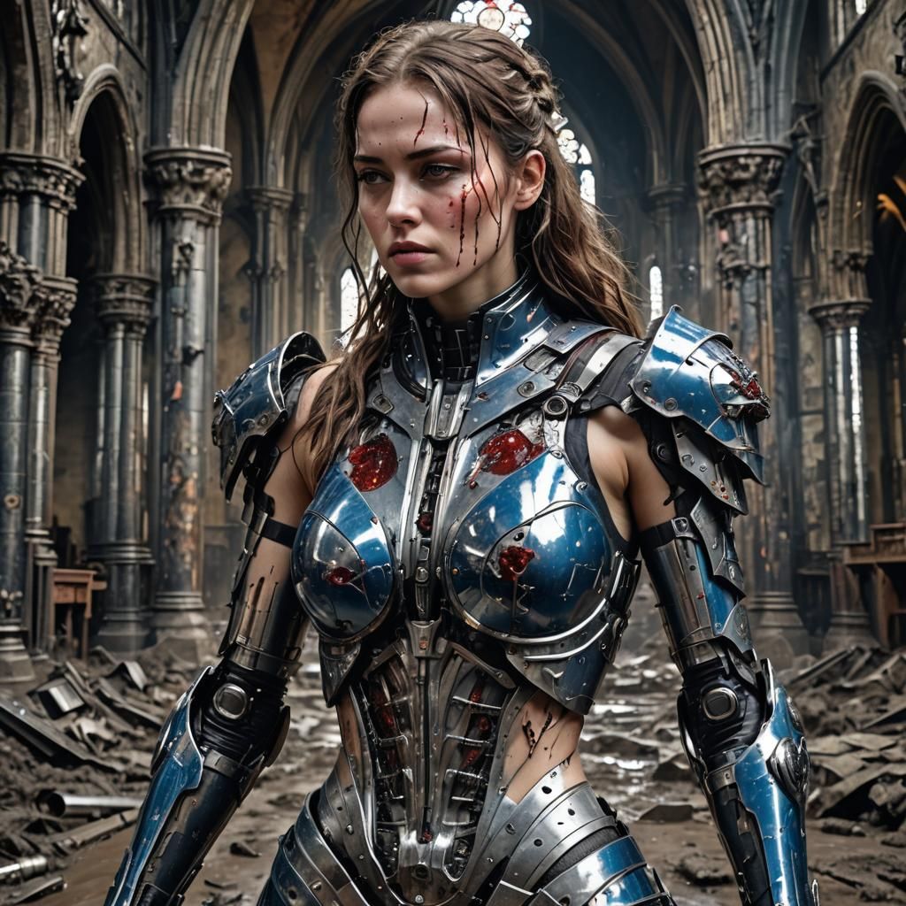 Wounded Cyborg in Gothic Church with Cybernetic Implants