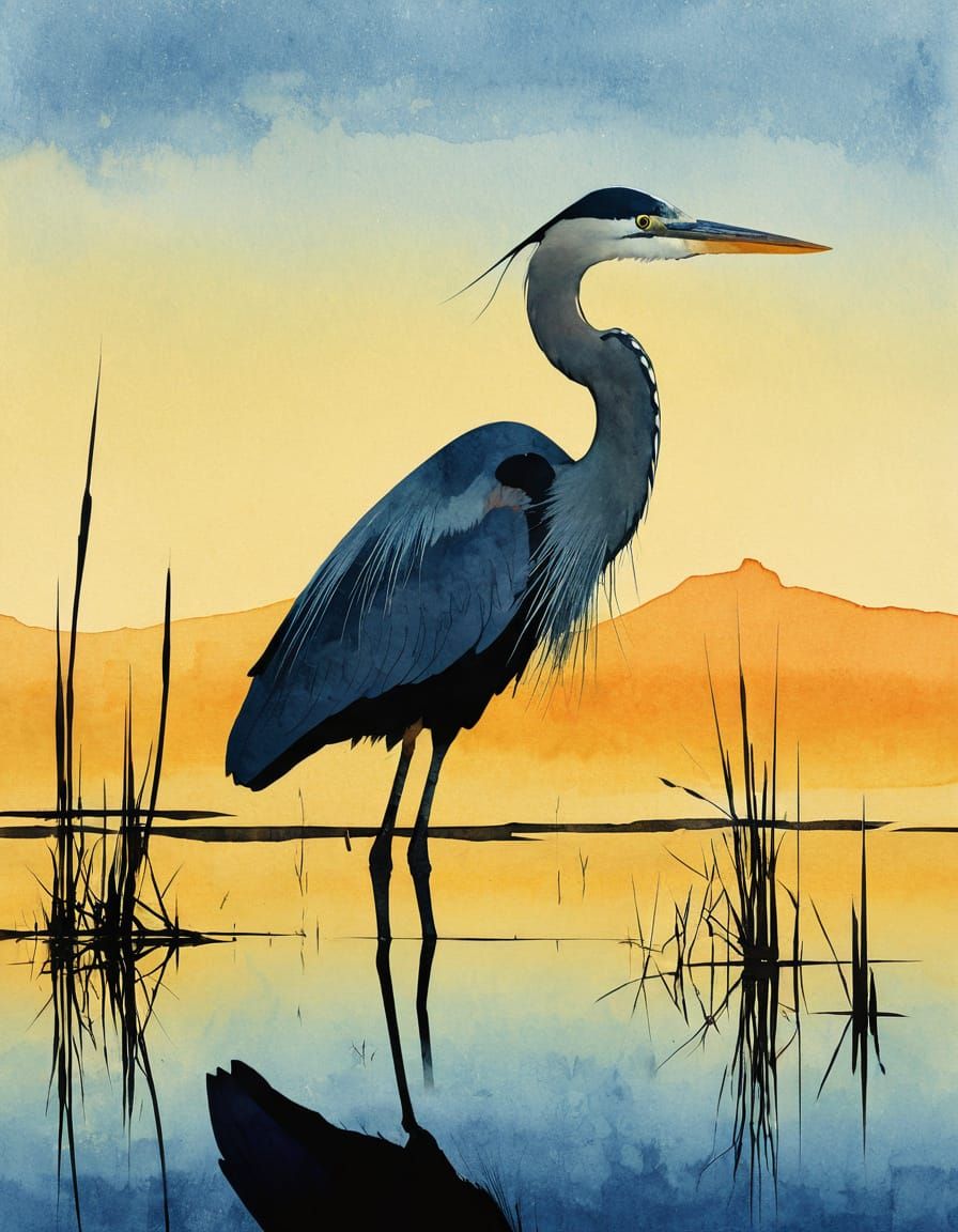 Great Blue Heron Silhouette in Marsh with Colorful Sky