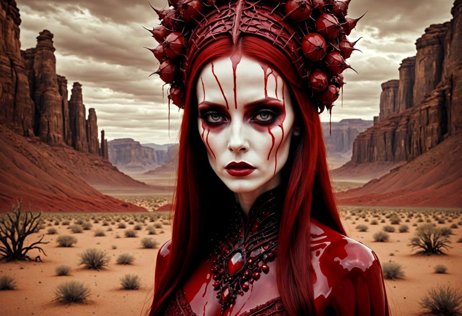 Surreal Crimson Portrait with Bizarre Proportions